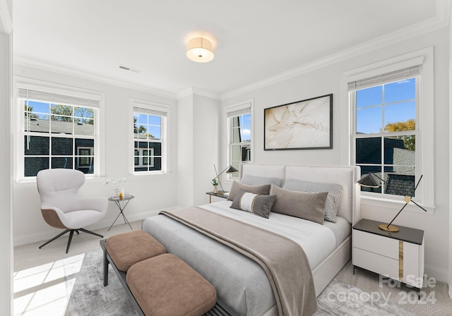 carpeted bedroom with crown molding