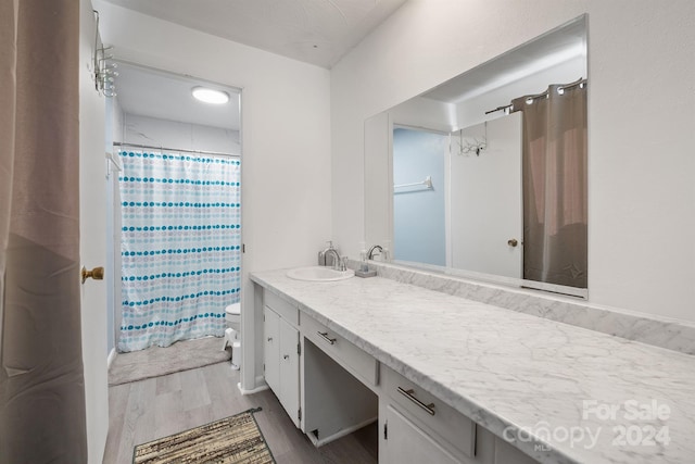 bathroom with vanity, curtained shower, toilet, and wood-type flooring