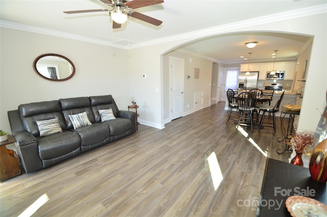 living room featuring crown molding, wood-type flooring, and ceiling fan