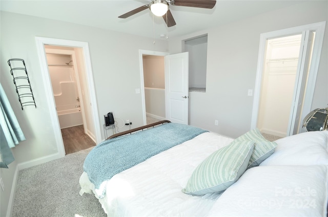 carpeted bedroom featuring a spacious closet, a closet, ensuite bath, and ceiling fan