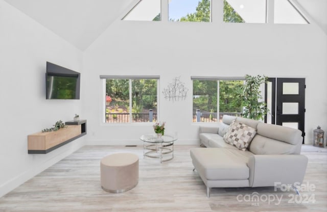 living room with high vaulted ceiling and light wood-type flooring