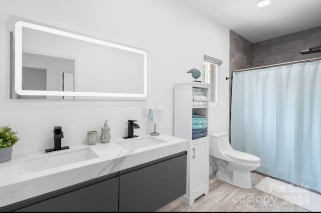 bathroom featuring vanity, hardwood / wood-style floors, and toilet