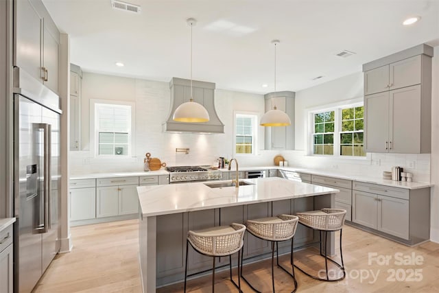 571 Lyttleton Dr, Charlotte, NC 28211 - kitchen featuring stainless steel built in refrigerator, visible vents, a sink, custom range hood, and gray cabinets