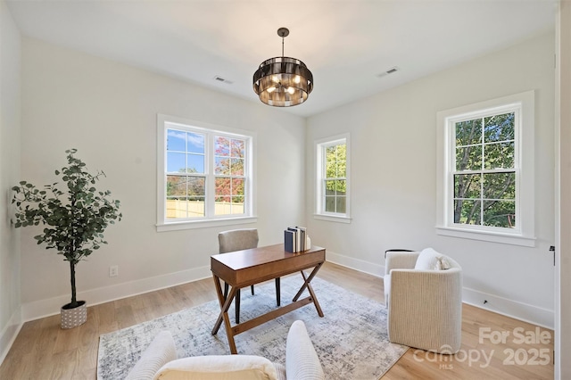 571 Lyttleton Dr, Charlotte, NC 28211 - office featuring baseboards, visible vents, light wood-style floors, and an inviting chandelier