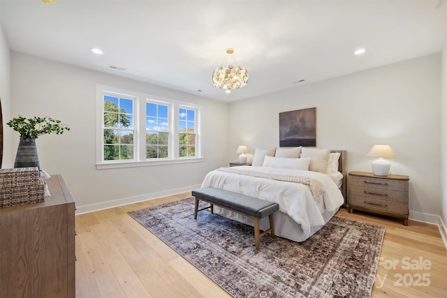 571 Lyttleton Dr, Charlotte, NC 28211 - bedroom featuring visible vents, light wood-style flooring, a chandelier, baseboards, and recessed lighting