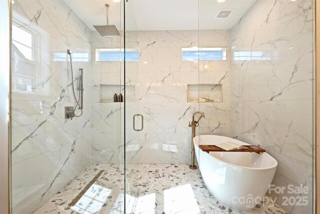 571 Lyttleton Dr, Charlotte, NC 28211 - bathroom with a marble finish shower, visible vents, and a soaking tub
