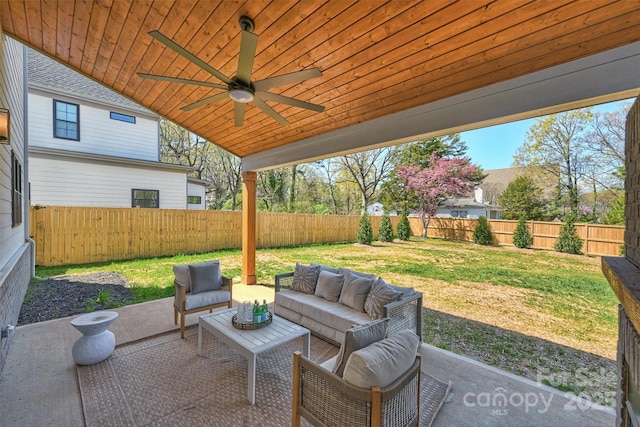 571 Lyttleton Dr, Charlotte, NC 28211 - view of patio / terrace featuring outdoor lounge area, a fenced backyard, and ceiling fan