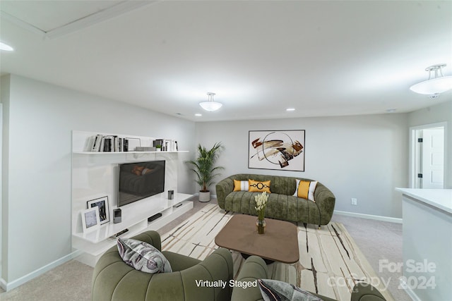 living room with light colored carpet