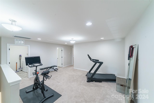 exercise area featuring light carpet