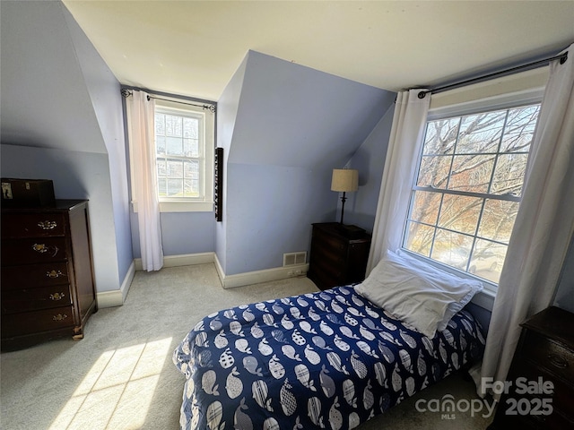 carpeted bedroom featuring lofted ceiling