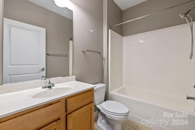 full bathroom with toilet, shower / tub combination, vanity, and tile patterned floors