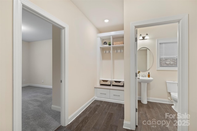 mudroom featuring dark wood-type flooring