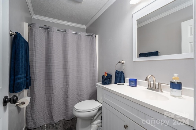 bathroom with ornamental molding, a shower with curtain, vanity, a textured ceiling, and toilet