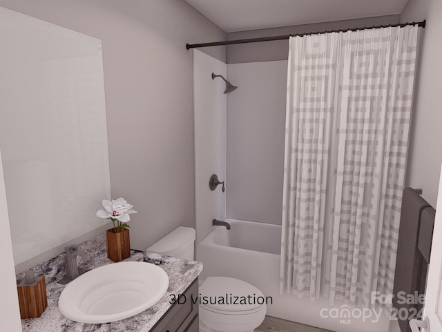 full bathroom featuring vanity, shower / tub combo with curtain, and toilet