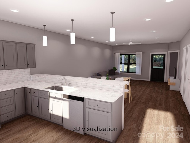 kitchen featuring dishwasher, kitchen peninsula, pendant lighting, and dark hardwood / wood-style flooring