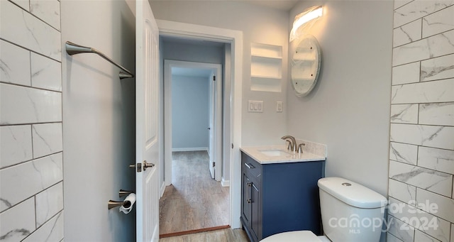 bathroom featuring vanity, toilet, and wood-type flooring