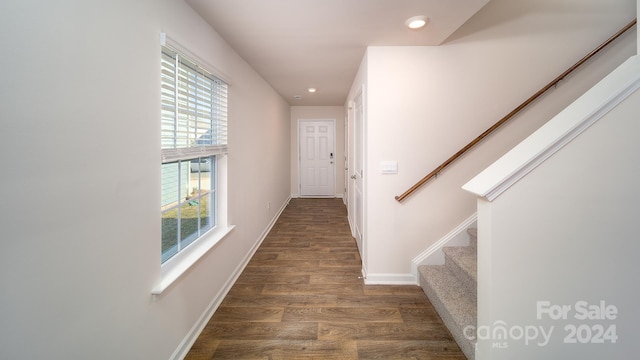 hallway featuring a healthy amount of sunlight and dark hardwood / wood-style floors