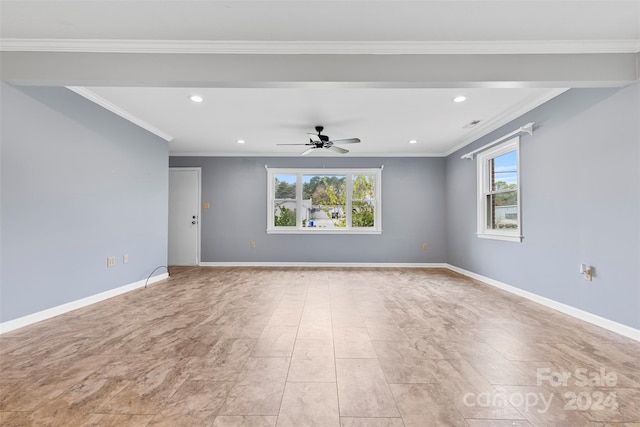 unfurnished room with ornamental molding and ceiling fan