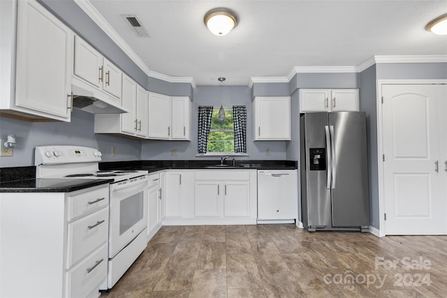 kitchen with white cabinetry, light hardwood / wood-style floors, crown molding, sink, and white appliances