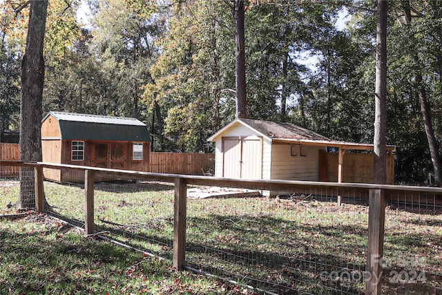 view of yard featuring a storage shed