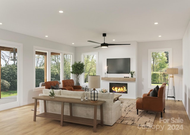 living room with light hardwood / wood-style floors, a healthy amount of sunlight, and ceiling fan