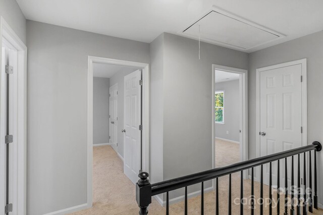 hallway with light colored carpet