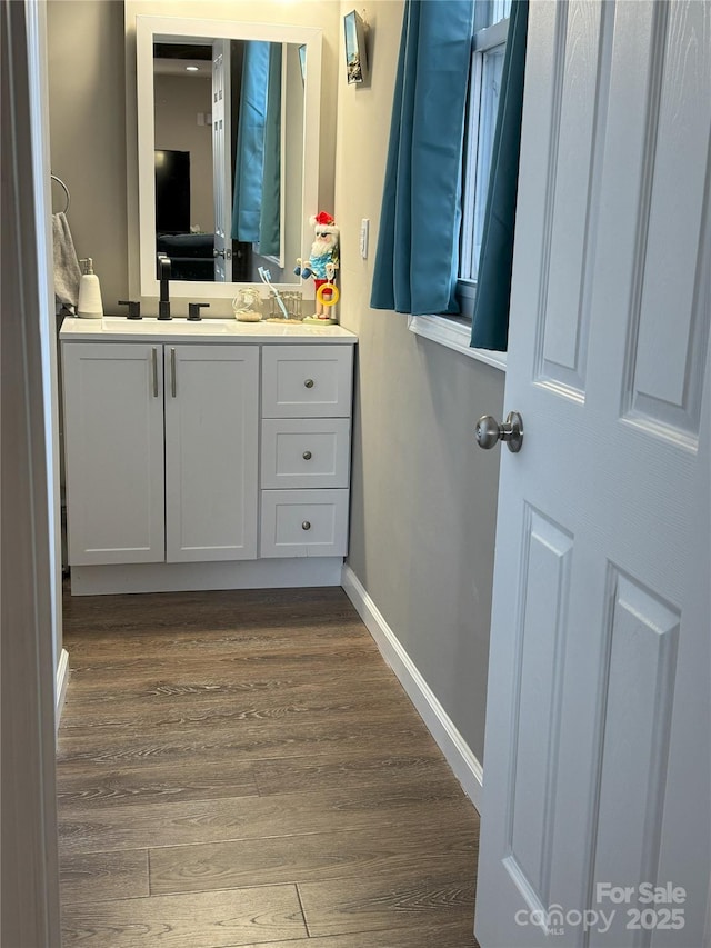 bathroom with hardwood / wood-style flooring and vanity