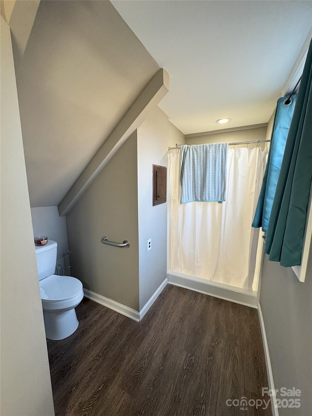 bathroom featuring a shower with curtain, hardwood / wood-style flooring, lofted ceiling, and toilet