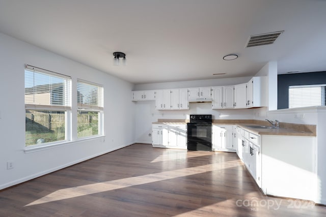 kitchen featuring white cabinets, black / electric stove, dark wood-type flooring, and sink