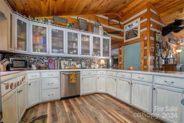 kitchen with white cabinetry, wood ceiling, appliances with stainless steel finishes, and lofted ceiling