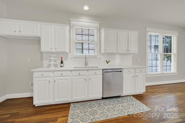 kitchen featuring stainless steel dishwasher, a healthy amount of sunlight, white cabinetry, and sink