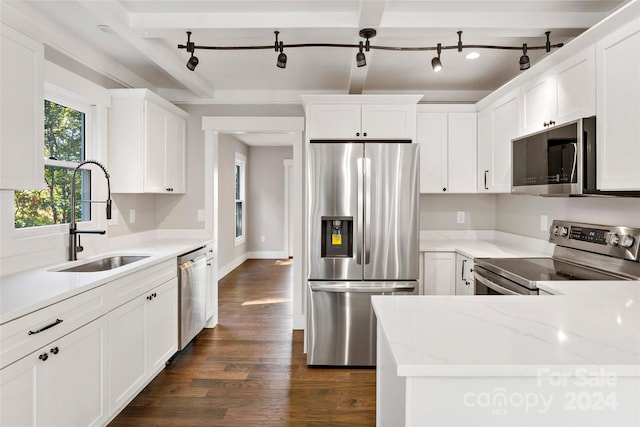 kitchen with beam ceiling, dark hardwood / wood-style flooring, white cabinetry, sink, and stainless steel appliances