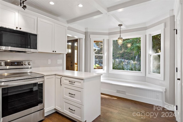 kitchen featuring white cabinetry, appliances with stainless steel finishes, dark hardwood / wood-style flooring, and kitchen peninsula