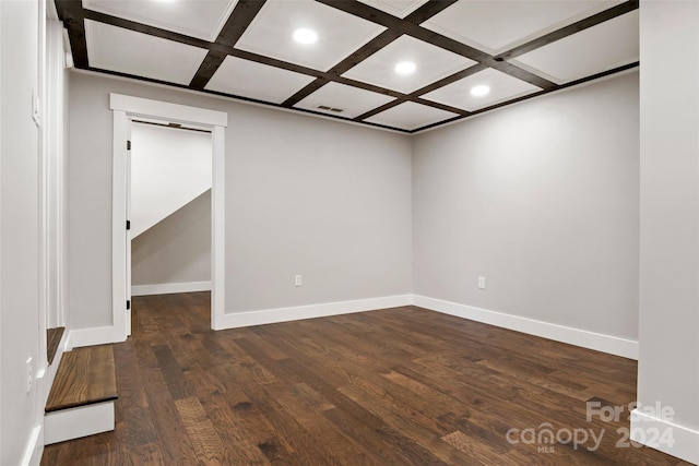 spare room featuring dark wood-type flooring, baseboards, coffered ceiling, beam ceiling, and recessed lighting