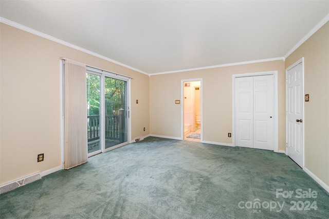 unfurnished bedroom with ornamental molding, access to exterior, and carpet floors