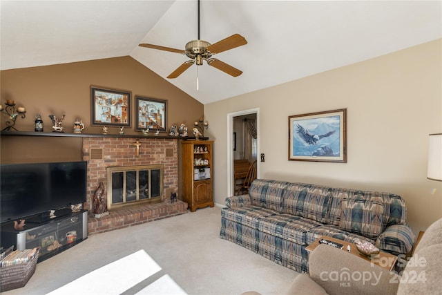 living room with lofted ceiling, ceiling fan, light colored carpet, and a brick fireplace