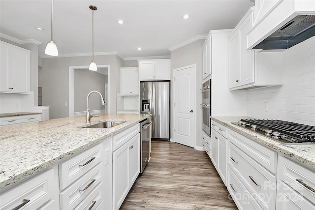 kitchen featuring custom range hood, stainless steel appliances, and white cabinets