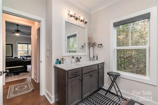 bathroom with a wealth of natural light, vanity, hardwood / wood-style flooring, and ceiling fan