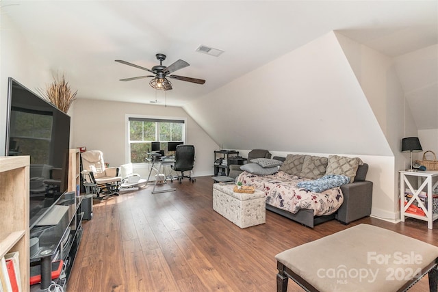 office with dark wood-type flooring, ceiling fan, and vaulted ceiling