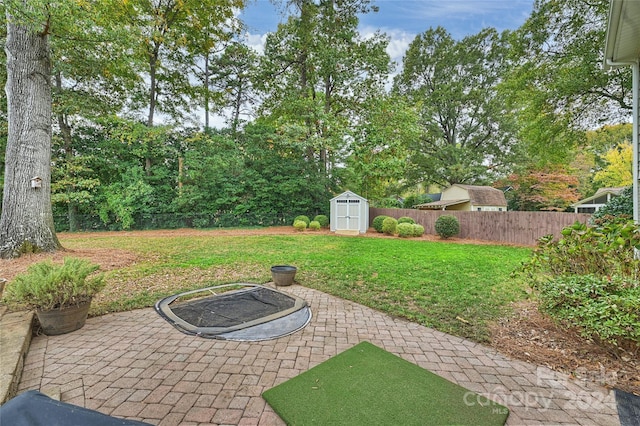 view of yard with a shed, a patio, and an outdoor fire pit