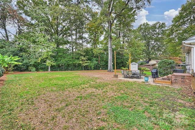 view of yard featuring a patio and a storage shed