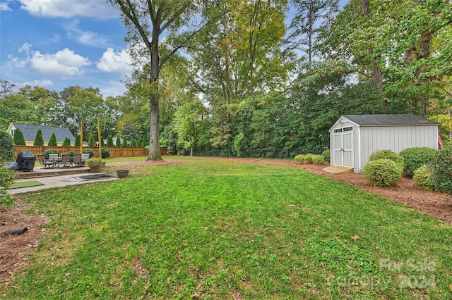 view of yard featuring a storage unit and a patio area