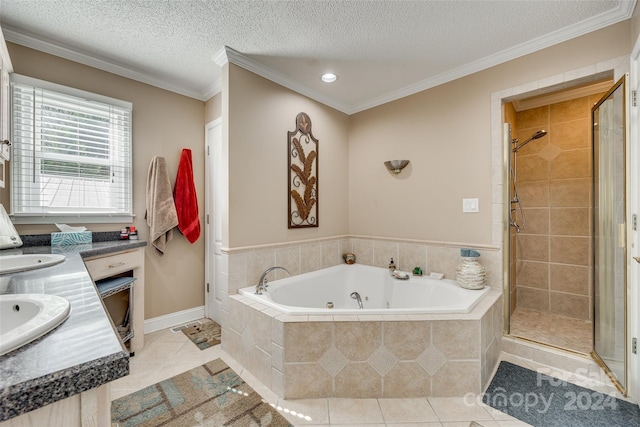 bathroom with independent shower and bath, a textured ceiling, and tile patterned flooring