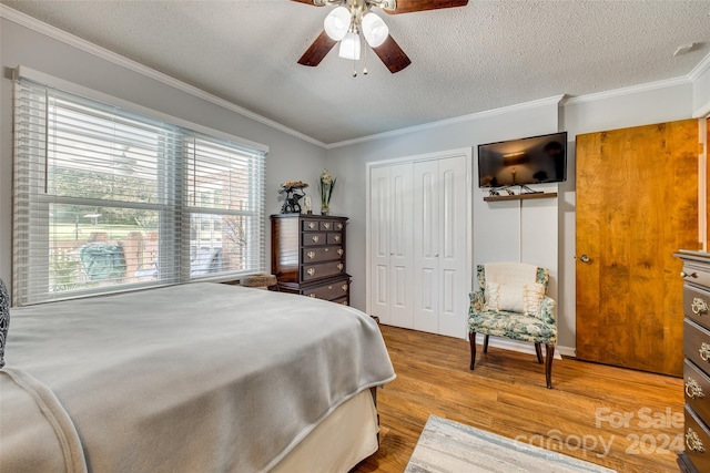 bedroom featuring multiple windows, hardwood / wood-style floors, a textured ceiling, and ceiling fan