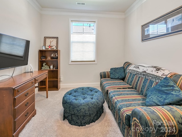 living room with ornamental molding and light colored carpet