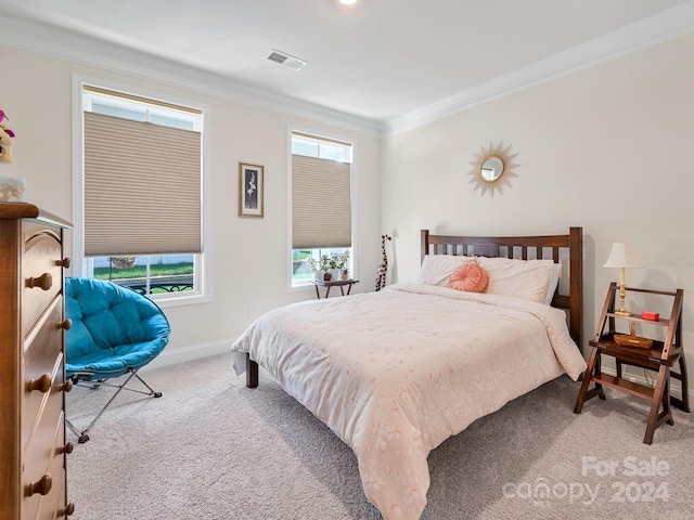 bedroom featuring ornamental molding and carpet flooring