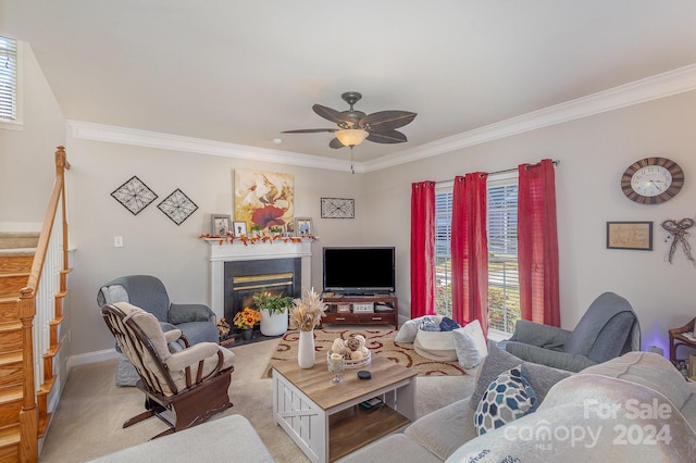 carpeted living room featuring ornamental molding and ceiling fan