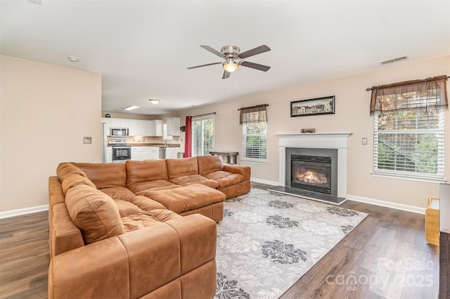 living room with ceiling fan and dark hardwood / wood-style flooring