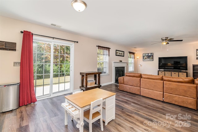 living room with hardwood / wood-style floors and ceiling fan