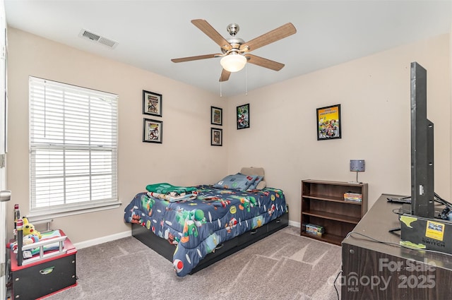 bedroom featuring carpet floors and ceiling fan